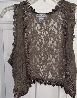 Ultra Pink Lace Vest Women Large Taupe Brown Open Front Shrug Cropped Metallic L